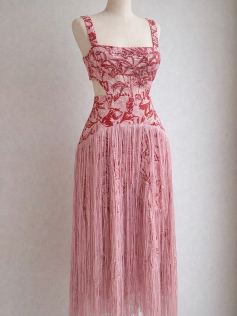 Anthropologie Pink and Red Floral Fringe Midi Dress